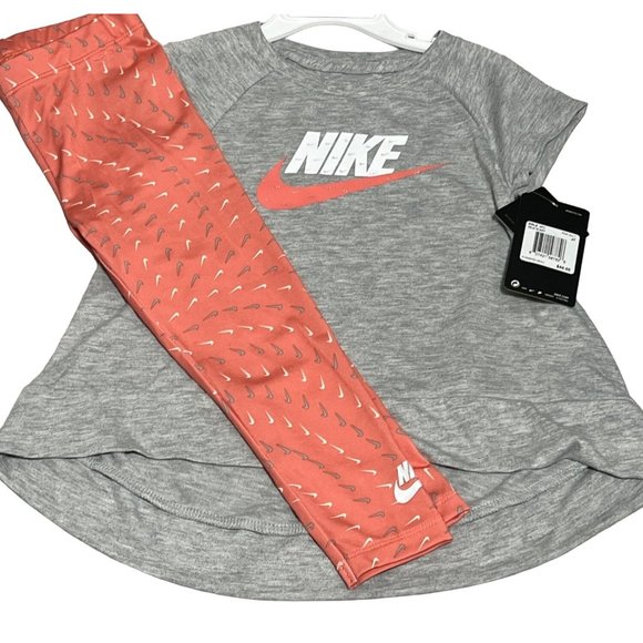 Nike swoosh 2pc set gray pink salt 2T 4T NWT leggings T shirt tunic NIKE - Picture 3 of 6